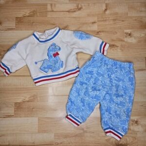 Vtg Little Miracles Knit Sweater Quilted Pants Set Acrylic 3-6 Months Blue White